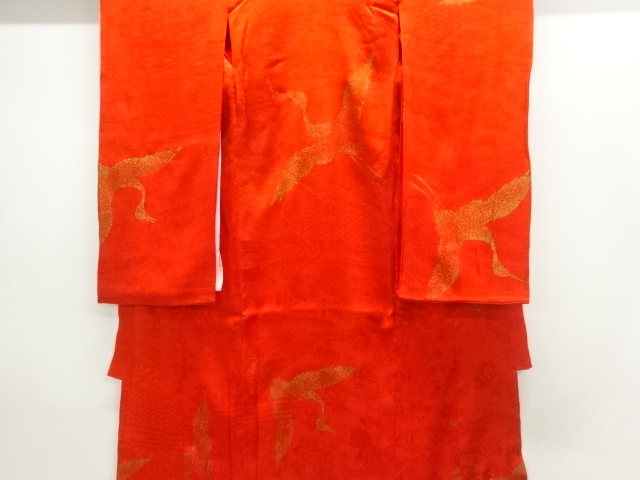 アンティーク　綸子金砂子鶴模様長襦袢（内袖付き）